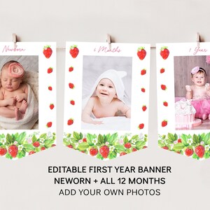 Strawberry First Birthday Banner Monthly Photo Banner Berry Sweet Strawberry Party Pink Floral Girl First Birthday Editable Printable A618
