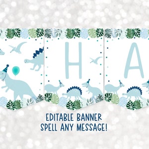 Editable Blue Dinosaur Birthday Banner Dinosaur First Birthday Boy Dinosaur Party T-Rex Dinosaur Safari Digital Download A573 image 1