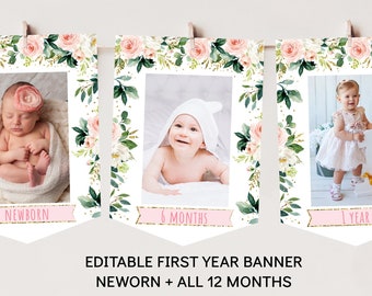 May include: A printable banner with a floral design and gold glitter accents. The banner has 13 frames for photos, with each frame labeled with a month of the year, starting with "Newborn" and ending with "1 Year".