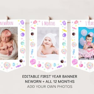 Sweet Shop Lollipop First Birthday Banner Monthly Photo Banner Candy Birthday Sweet Shop Party Candies Candy Party Editable Download A659