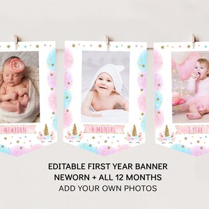 Banner de primer cumpleaños de unicornio, banner de fotos mensual, unicornio arco iris, rosa y oro, floral, primer cumpleaños de niña, descarga editable A451