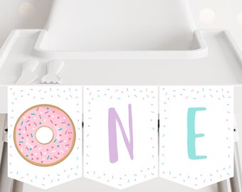 Donut ONE Chaise haute Bannière Donut Premier anniversaire Bannière Rose Donut Girl Donut Party Donut Grow Up Donut Imprimable Téléchargement numérique A500