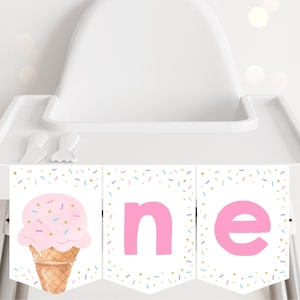 Ice Cream ONE High Chair Banner Rainbow Ice Cream Cone Pink Gold Balloon Girl Ice Cream Party First Birthday Printable Digital Download A611