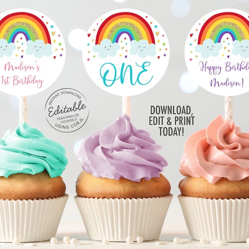 EDITABLE Rainbow Cupcake Toppers Girls Rainbow Party Gold | Etsy