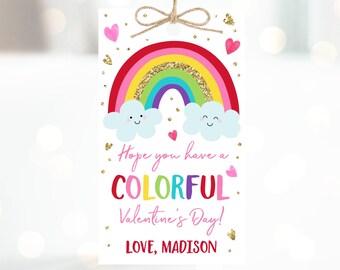 May include: A colorful rainbow with a glitter texture and two clouds with smiley faces. The text reads "Hope you have a COLORFUL Valentine's Day! LOVE, MADISON".