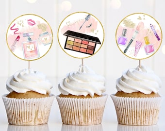 Spa cumpleaños Cupcake Toppers Spa fiesta Tween Girl Glitz & Glam cumpleaños Glamour fiesta maquillaje fiesta oro rosa descarga digital A669