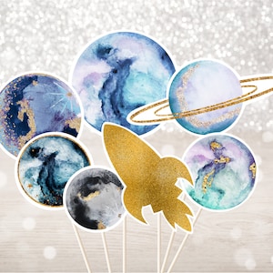 Galaxy Birthday Centerpiece Cake Toppers Cut Outs Outer Space Party Birthday Blue Gold Galaxy Planets Rocket Ship Digital Download A586