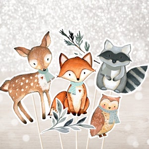 Winter Woodland Baby Shower Centerpiece Cake Toppers Cut Outs Greenery Woodland Animal Party Decor Gender Neutral Digital Download A578