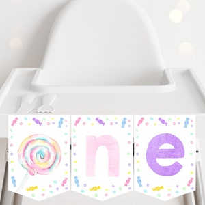 Candy Shop ONE High Chair Banner Birthday Banner Candy First Birthday Sweet Shop Party Lollipop Candies Girls Candy Party Download A659