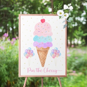 Pin The Cherry On The Ice Cream Game Girls Ice Cream Party Ice Cream Birthday Pink Gold Sprinkles Balloons Printable Digital Download A611