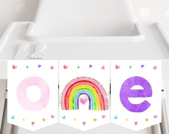 レインボー ONE ハイチェアバナー レインボー ファーストバースデーバナー 女の子 レインボーパーティー ピンク ゴールド レインボー クラウド ハート 水彩画 ダウンロード A661