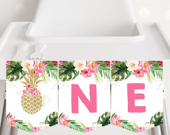 Pineapple ONE High Chair Banner Pineapple First Birthday Banner Girl Tropical Pink Gold Floral Pineapple Printable Digital Download A494