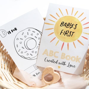 ABC Book Baby Shower Game Boho Sunshine Alphabet Coloring Book Primeiro livro ABC Baby Shower Coloring Pages Digital Download A681