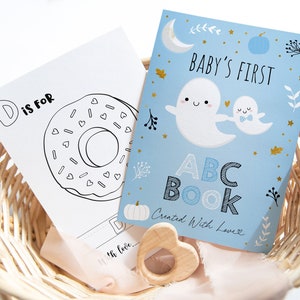 ABC Book Jogo de Chá de Bebê Azul Fantasma Little Boo Alfabeto Livro para Colorir Primeiro ABC Livro Baby Shower Coloring Pages Digital A637