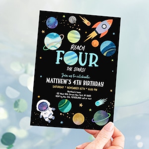 Editable Space Fourth Birthday Invitation Reach FOUR The Stars Invite Astronaut Galaxy Planets Outer Space Party Rocket Ship Digital A654