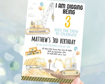 Editable Construction Birthday Invitation Construction Trucks Invite Digging Being 3 Boy Construction Party Digger Dump Truck Digital A665