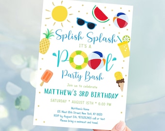 Editable Pool Party Birthday Invitation Boys Pool Party Invite Blue Gold Ice Cream Pineapple Pool Party Bash Digital Download A534