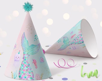 Mermaid Printable Birthday Party Hats Girls Mermaid Party Under The Sea Party Pink Purple Teal Gold Printable Digital Download A615