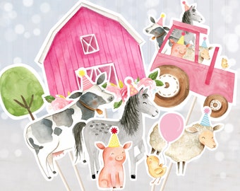 Pink Farm Cumpleaños Centro de mesa Cake Toppers Recortes Granja Animal Barnyard Cumpleaños Chica Granja Decoración Digital Imprimible Descarga Instantánea A510