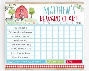 Puede incluir: Un cuadro de recompensas imprimible con un tema de granja. El cuadro tiene un granero rojo, árboles verdes y animales de granja. El cuadro se titula "El cuadro de recompensas de Matthew" y tiene una lista de tareas, una cuadrícula para llevar un registro de los puntos y un espacio para una recompensa. La recompensa es "Pizza y noche de cine".