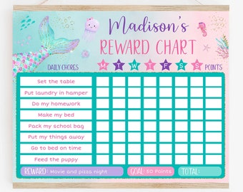 Editable Mermaid Reward Chart Mermaid Behavior Chart Girls Reward Chart Mermaid Chore Chart Pink Gold Printable Digital Template A615
