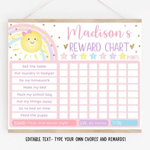 Editable Sunshine Rainbow Reward Chart Rainbow Behavior Chart Pastel Rainbow Girl Rainbow Daily Chore Chart Routine Digital Download A599