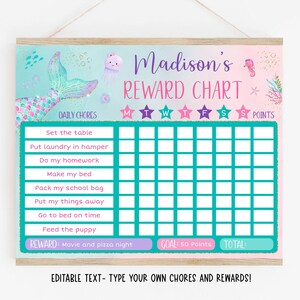 Editable Mermaid Reward Chart Mermaid Behavior Chart Girls Reward Chart Mermaid Chore Chart Pink Gold Printable Digital Template A615