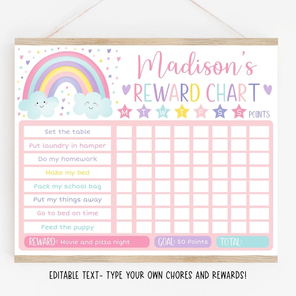 EDITABLE Rainbow Reward Chart, Rainbow Behavior Chart, Pastel Rainbow, Girl Rainbow, Daily Chore Chart, Printable, Digital Template A549