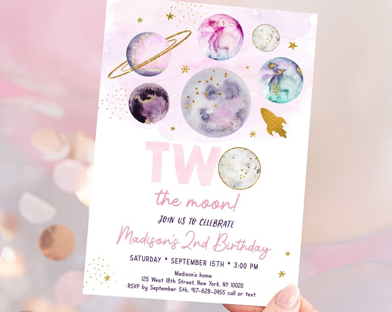 Editable Two The Moon Space Birthday Invitation Pink Gold Girl Galaxy Planets Outer Space Party Rocket Ship Printable Digital