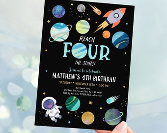 Editable Space Fourth Birthday Invitation Reach FOUR The Stars Invite Astronaut Galaxy Planets Outer Space Party Rocket Ship Digital A654