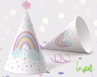 Rainbow Birthday Party Hat Girls Rainbow Party Pink Pastel Rainbow Clouds Stars Rainbow Of Fun Printable Digital Download Template A549