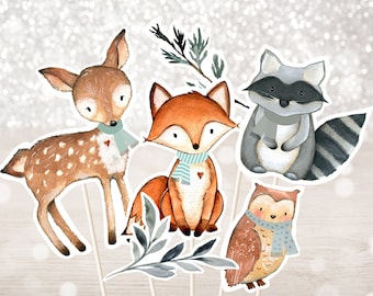 Winter Woodland Baby Shower Centerpiece Cake Toppers Cut Outs Greenery Woodland Animal Party Decor Gender Neutral Digital Download A578