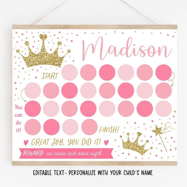 Editable Princess Reward Chart, Sticker Chart, Pink Gold Princess Girls Potty Training Chart, Behavior Chart, Printable Digital P100