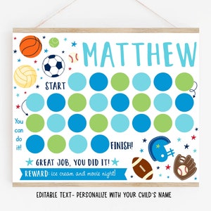 May include: A blue and green reward chart with the name Matthew at the top. The chart has a grid of circles that can be marked off as a child completes tasks. The chart includes the words "Start", "Finish!" and "Great Job, You Did It!" with a reward of "ice cream and movie night!"