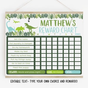 EDITABLE Dinosaur Reward Chart, Dinosaur Chore Chart, Dinosaur Behavior Chart, T-Rex, Printable, Digital, Instant Download Template A498