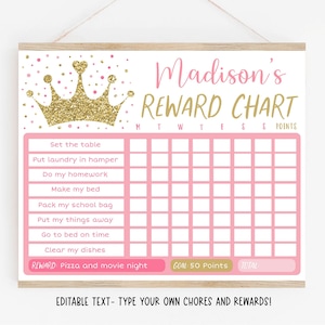 Editable Princess Reward Chart, Princess Behavior Chart, Pink & Gold Tiara Princess Crown, Chore Chart, Printable, Digital Template P100