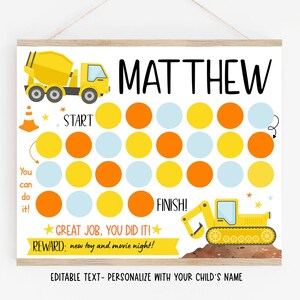 May include: A printable chart with a yellow construction truck and a bulldozer. The chart is designed for a child named Matthew and has a reward system with 25 circles to color in. The reward is a new toy and movie night.