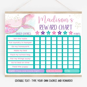 Editable Mermaid Reward Chart Mermaid Behavior Chart Girls Reward Chart Mermaid Chore Chart Pink Gold Printable Digital Template A627