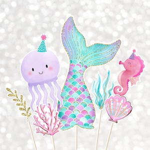 Mermaid Birthday Centerpiece Cake Toppers Cut Outs Girls Mermaid Party Under The Sea Party Pink Purple Teal Gold Digital Download A615