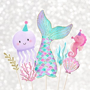 Mermaid Birthday Centerpiece Cake Toppers Cut Outs Girls Mermaid Party Under The Sea Party Pink Purple Teal Gold Digital Download A615