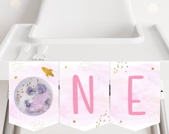 Galaxy ONE High Chair Banner Galaxy First Birthday Banner Pink Gold Galaxy Planets Outer Space Party Rocket Ship Girl Printable Digital A631