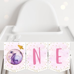 Galaxy ONE High Chair Banner Galaxy First Birthday Banner Pink Gold Galaxy Planets Outer Space Party Rocket Ship Girl Printable Digital A586