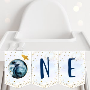 Galaxy ONE High Chair Banner Galaxy First Birthday Banner Blue Gold Galaxy Planets Outer Space Party Rocket Ship Boy Printable Digital A586