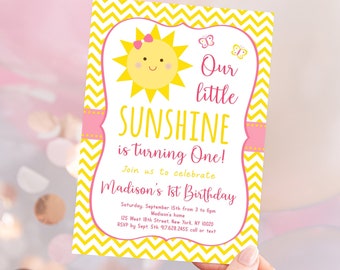 Bewerkbare Sunshine verjaardagsuitnodiging You Are My Sunshine Eerste verjaardag Sunshine Party meisje verjaardag afdrukbare digitale download A220