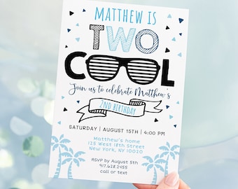 EDITABLE Two Cool Birthday Invitation Two Cool Party Sunglasses Palm Trees Summer Boys Second Birthday Printable Instant Download A538