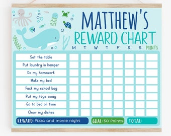 Tabla de recompensas de ballena editable, tabla de comportamiento, criatura marina náutica, tabla de recompensas para niños, tabla de tareas, imprimible, plantilla digital A179
