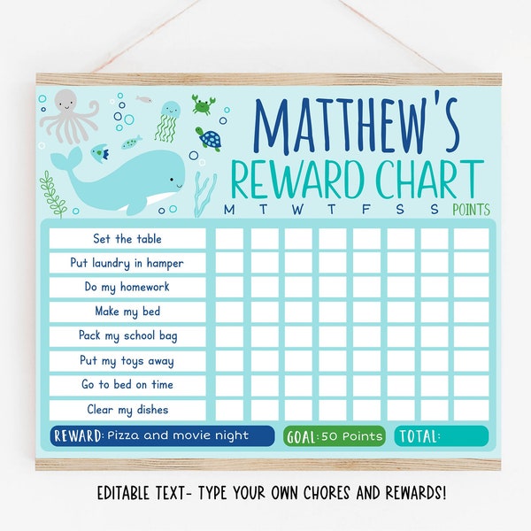 EDITABLE Whale Reward Chart, Behavior Chart, Nautical Sea Creature, Boys Reward Chart, Chore Chart, Printable, Digital Template A179