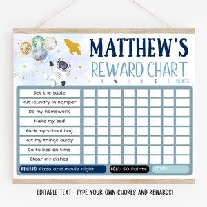 Bearbeitbares Space Reward Chart Astronaut Rakete Sterne Planeten Boy Chore Chart Diagramm der Verantwortung Verhaltensdiagramm Digitaler Download A606