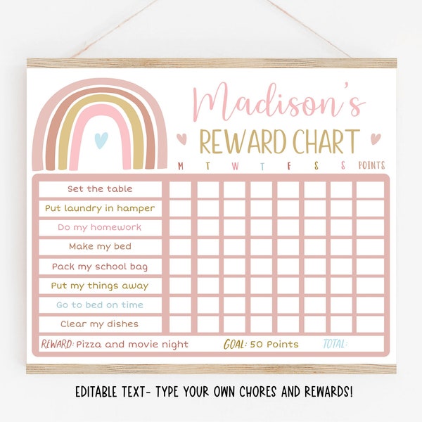 Editable Boho Rainbow Reward Chart, Rainbow Behavior Chart, Neutral Rainbow, Girl Rainbow, Daily Chore Chart, Printable, Digital Template