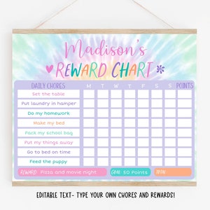 Editable Tie Dye Reward Chart, Tie Dye Behavior Chart, Pastel Rainbow Chart, Girl Reward Chart, Daily Chore Chart, Printable, Digital A570